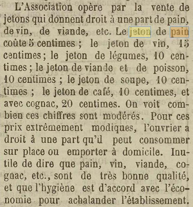 Liste et valeur des jetons distribu�s par l'Association Alimentaire du 6e arrondissement de Lyon.