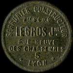 Jeton Legros Jne - Serrurier Constructeur - 5 Rue Neuve des Charpennes - 20 centimes - Lyon (69000 - Rh�ne) - avers