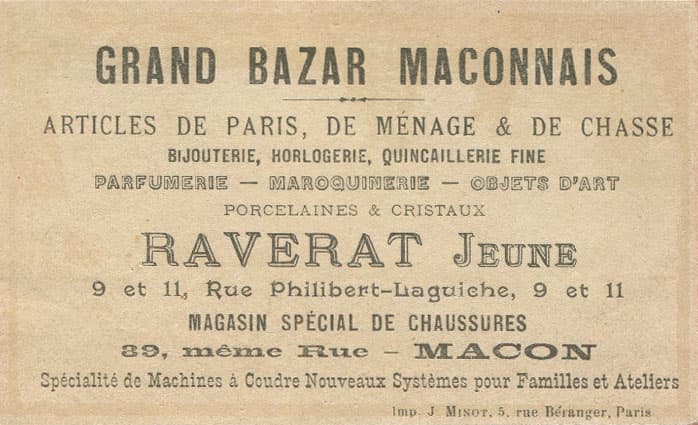 Publicit� du Grand Bazar Maconnais - Articles de Paris, de M�nag� et de Chasse - Raverat Jeune - 9 et 11, Rue Philibert-Laguiche 