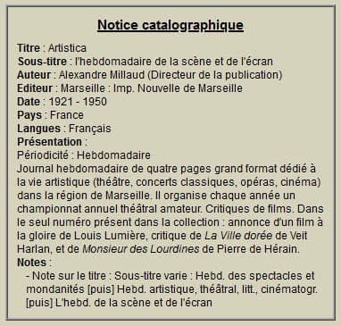 Caract�ristiques de Artistica, page d'information artistique Marseillaise