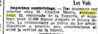 Un article dans le Petit Provençal du 14 juillet 1921 relate le vol dont a été victime Charles Mosca, entrepreneur, au 63, Esplanade de la Tourette