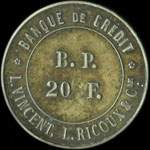 Jeton de présence de 20 francs émis par le Comité de Contrôle de la Banque de Crédit - L. Vincent, L. Ricoux & Cie à Marseille (13000 - Bouches-du-Rhône) - revers