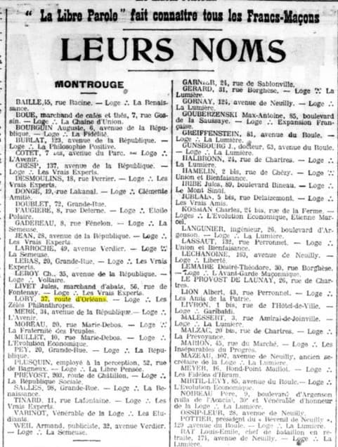 C'est dans La Libre Parole en date du 30 mai 1912 qu'on retrouve parmi une liste de Francs-Ma�ons notre Lory au 37, Route d'Orl�ans