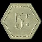 Jeton de n�cessit� 5 francs Coop�rative La Mine de Moutiers (54660 - Meurthe-et-Moselle) - revers