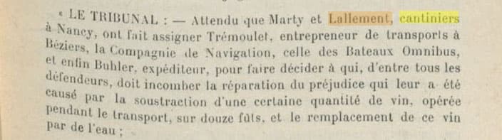 Jugement du Tribunal mentionnant le cantinier Lallement