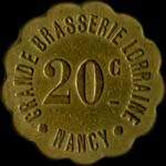 Jeton de 20 centimes avec chiffres de 6 mm �mis par la Grande Brasserie Lorraine � Nancy (54000 - Meurthe-et-Moselle) - avers