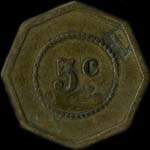 Jeton de 5 centimes avec surfrappes 1880 et locomotive �mis par la Soci�t� de Consommation de l'Est - Nancy (54000 - Meurthe-et-Moselle) - revers