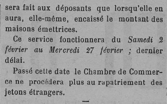 On peut lire dans le Courrier de Narbonne du 31 janvier 1924 que la Chambre de Commerce de Narbonne s'est charg�e de l'organisation du retrait des jetons frapp�s par les particuliers, commer�ants ou autres organismes - partie 2