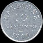 Jeton de 10 centimes 1920 (type sans �toiles) �mis par la Chambre de Commerce de Narbonne (11000 - Aude) - revers