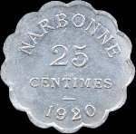 Jeton de 25 centimes 1920 �mis par la Chambre de Commerce de Narbonne (11000 - Aude) - revers