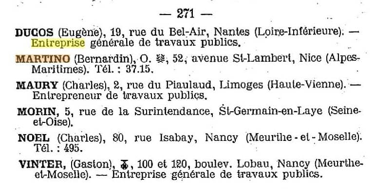 On retrouve l'entreprise Martino au 52 Avenue Saint-Lambert à Nice dans l'Annuaire de l'Union Fraternelle du Commerce et de l'Industrie du 1er janvier 1924