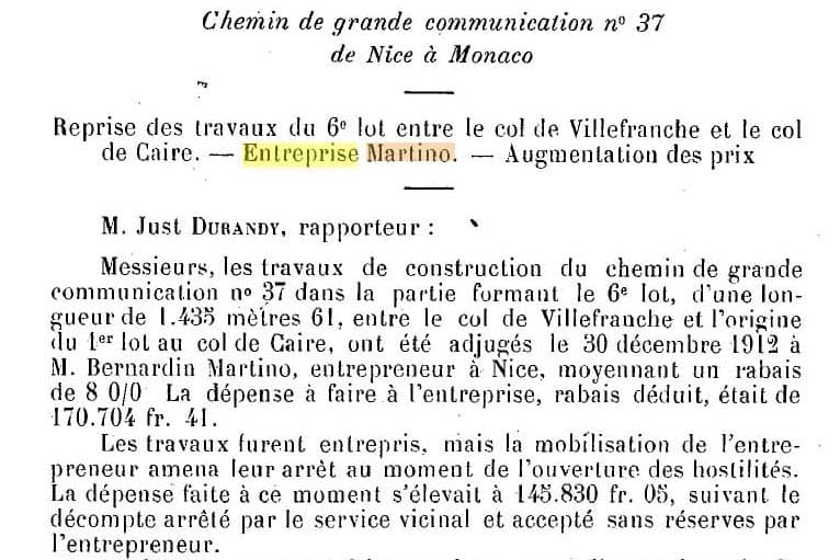 L'entreprise Martino est mentionnée dans les Rapports et Délibérations du Conseil Général des Alpes-Maritimes du 1er janvier 1919