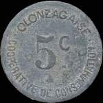 Jeton de 5 centimes 1918 �mis par la Coop�rative de Consommation Olonzagaise � Olonzac (34210 - H�rault) - revers