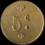 Jeton de 5 centimes �mis par les Commer�ants R�unis � Ouveillan (11120 - Aude) - revers