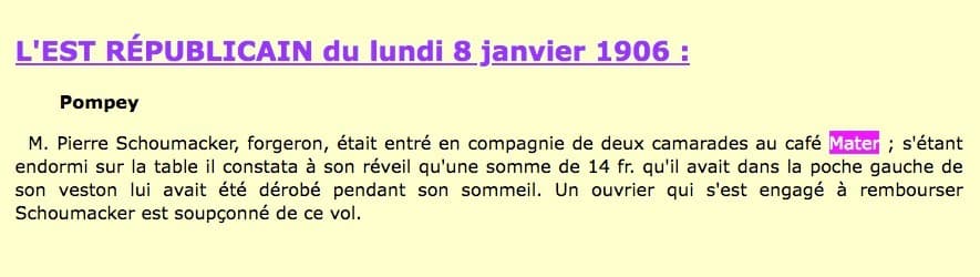 Un Caf� Mater situ� � Pompey est cit� dans l'Est R�publicain du 8 janvier 1906