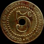 Jeton de 5 centimes émis par Coopérative du personnel des fonderies de P.A.M. à Pont-à-Mousson (54700 - Meurthe-et-Moselle) - revers