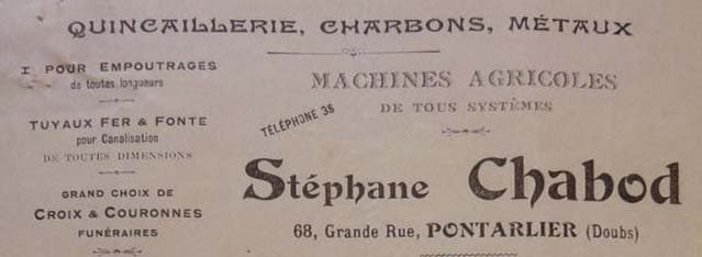 En-t�te d'une facture de St�phane Chabod, quincaillier � Pontarlier
