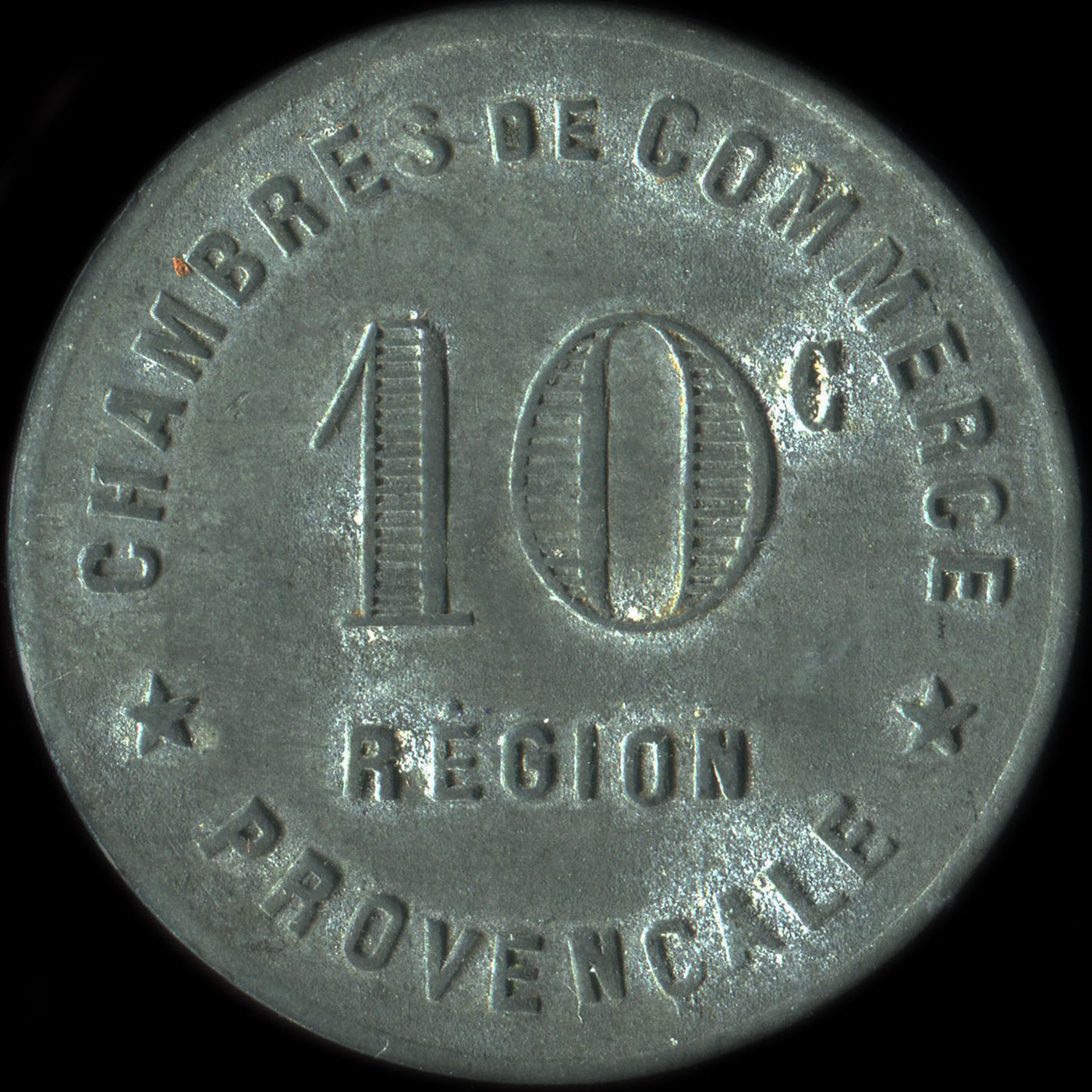 Jeton-monnaie de n�cessit� de 10 centimes non dat� avec de la R�gion Proven�ale - type les points en haut de Marseille et  10 mince au revers