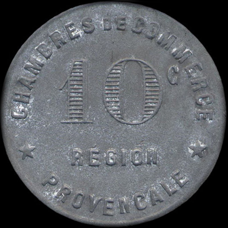 Jeton-monnaie de n�cessit� de 10 centimes non dat� avec de la R�gion Proven�ale - type les points au milieu de Marseille et gros 10 au revers
