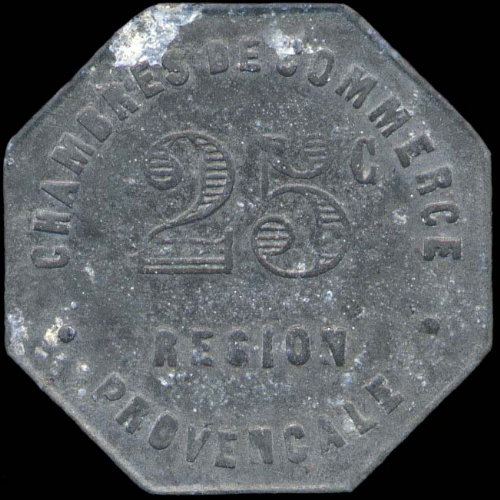 Jeton-monnaie de n�cessit� de 25 centimes non dat� avec de la R�gion Proven�ale - type les points au milieu de Marseille et gros 25 au revers