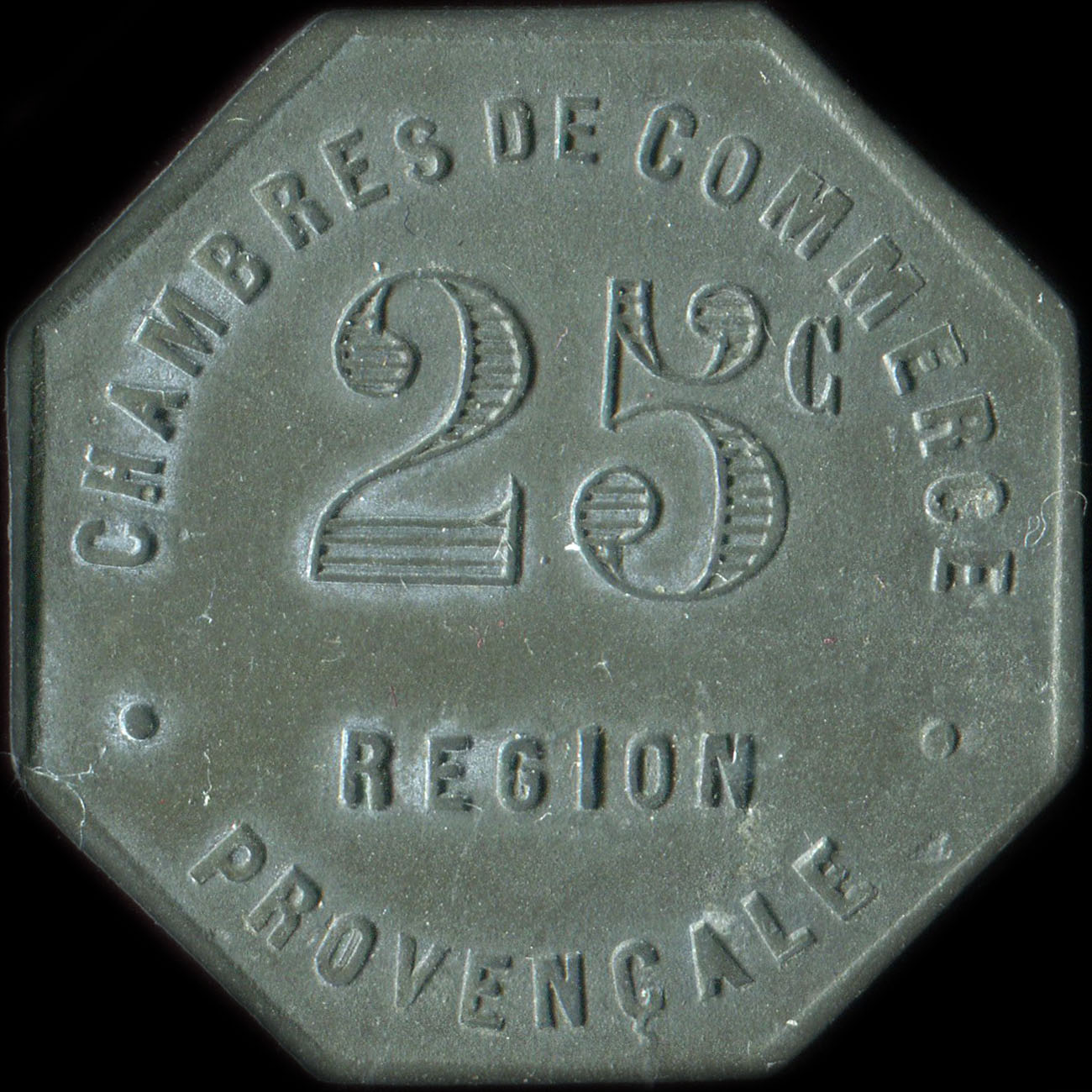 Jeton-monnaie de n�cessit� de 25 centimes non dat� avec de la R�gion Proven�ale - type les points en bas de Marseille et  25 mince au revers