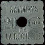 Jeton en aluminium carré lobé troué de 20 centimes avec contremarque TLR émis par les Tramways de la Rochelle (17000 - Charente-Maritime) - avers