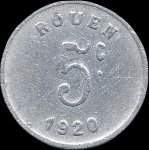 Jeton de 5 centimes 1920 �mis par la Ligue des Commer�ants Rouennais � Rouen (76000 - Seine-Maritime) - revers