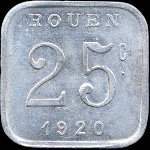 Jeton de 25 centimes 1920 �mis par la Ligue des Commer�ants Rouennais � Rouen (76000 - Seine-Maritime) - revers