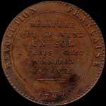 M�daille qui se vend un sol � Paris chez Monneron patent� - 1 sol 1792 - An IV - cuivre - �mise pendant la R�volution fran�aise - revers