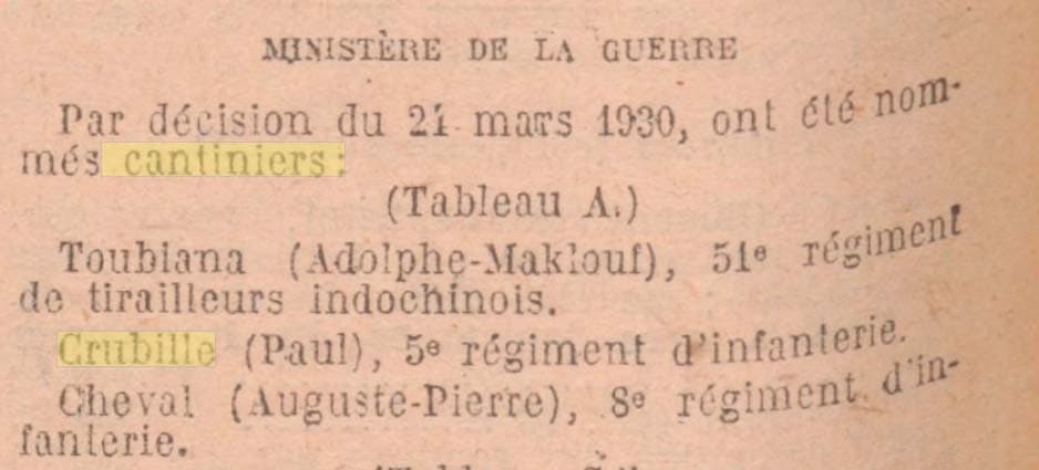 Journal Officiel de la R�publique fran�aise du 25 mars 1930 - Nomination du cantinier Crubill�
