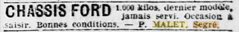 L'Ouest-Eclair du 5 mai 1925 avec une petite annonce de vente d'un chassis Ford par P.Malet
