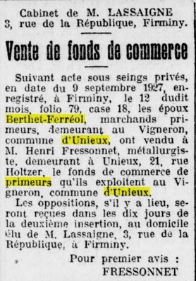 Les primeurs Berthet sont c�d�s le 9 septembre 1927 � M. Henri Fressonnet