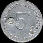 Jeton de 5 centimes avec contremarques cloche + croissant émis par les Etablissements Jacob Holtzer à Unieux (42240 - Loire) - avers