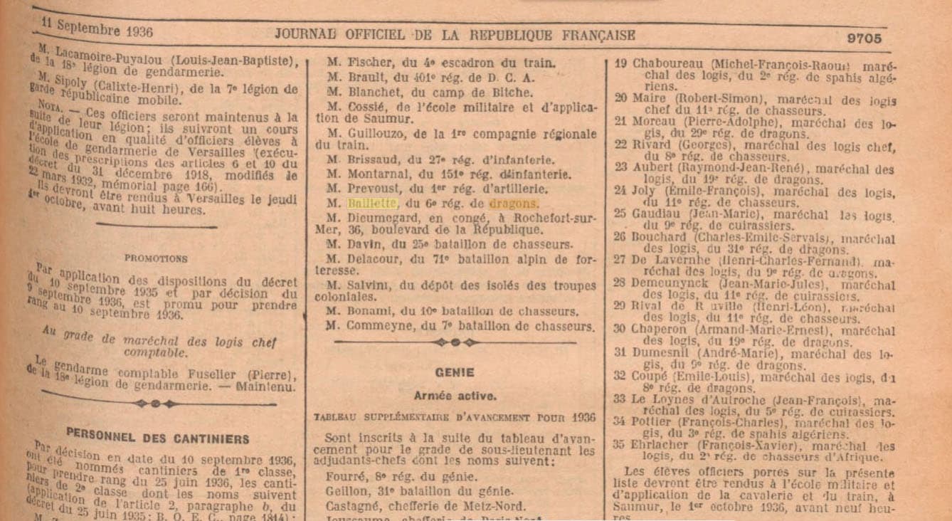 Baillette, du 6e r�giment de Dragons, fut nomm� cantinier de 1�re classe par publication au Journal Officiel de la R�publique fran�aise du 11 septembre 1936.