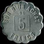 Jeton de 5 francs �mis par Ed.Brizard - Vire (14500 - Calvados) - revers