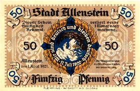 Notgeld Allenstein ( Ostpreussen - Allemagne ) - 50 pfennige - �mission du 1er avril 1921 - dos
