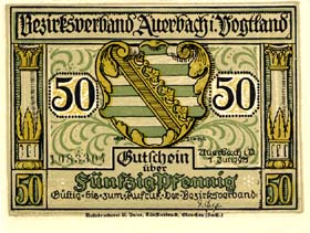 Notgeld Auerbach im Vogtland (Sachsen - Allemagne) - 50 pfennige - �mission du 1er juillet 1921 - face
