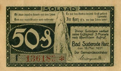 Notgeld Gustschein Bad Suderode (Sachsen-Anhalt - Allemagne) - 50 pfennige - 13&nbsp;mai&nbsp;1921 - n�&nbsp;136183 - face