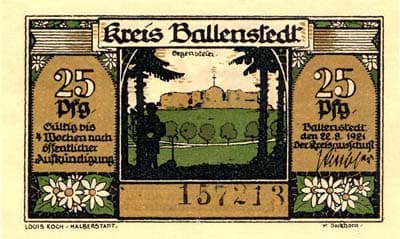Notgeld Ballenstedt (Sachsen-Anhalt - Allemagne) - 25 pfennige - n�&nbsp;157213 - �mission du 22 ao�t 1921 - dos