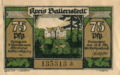 Notgeld Ballenstedt (Sachsen-Anhalt - Allemagne) - 75 pfennige - n�&nbsp;135313 - �mission du 22 ao�t 1921 - face