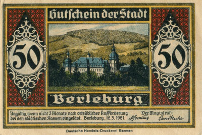 Notgeld Gustschein der Stadt Berleburg (Nordrhein-Westfalen - Allemagne) - 50 pfennige - 12&nbsp;mars&nbsp;1921 - face
