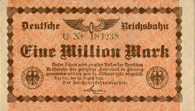 Notgeld Deutsche Reichsbahn - Berlin - 1&nbsp;000&nbsp;000&nbsp;mark - s�rie&nbsp;U - n�&nbsp;184238 - 12&nbsp;ao�t&nbsp;1923 - face