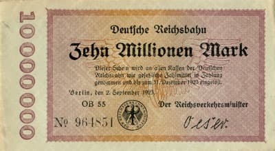 Notgeld Deutsche Reichsbahn - Berlin - 10&nbsp;000&nbsp;000&nbsp;mark - s�rie&nbsp;OB&nbsp;55 - n�&nbsp;964851 - 2&nbsp;septembre&nbsp;1923 - face