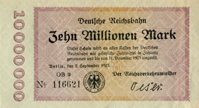 Notgeld Deutsche Reichsbahn - Berlin - 10&nbsp;000&nbsp;000&nbsp;mark - s�rie&nbsp;OB&nbsp;9 - n�&nbsp;116621 - 2&nbsp;septembre&nbsp;1923 - face