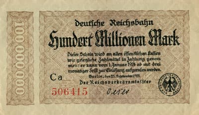 Notgeld Deutsche Reichsbahn - Berlin - 100&nbsp;000&nbsp;000&nbsp;mark - s�rie&nbsp;Ca - n�&nbsp;506415 - 25&nbsp;septembre&nbsp;1923 - face