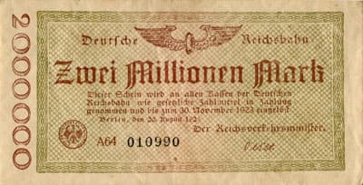 Notgeld Deutsche Reichsbahn - Berlin - 2&nbsp;000&nbsp;000&nbsp;mark - s�rie&nbsp;A64 - n�&nbsp;010990 - 20&nbsp;ao�t&nbsp;1923 - face