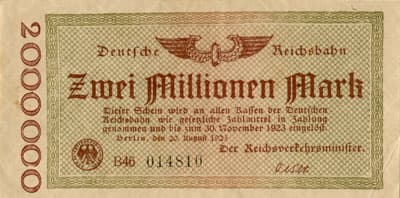 Notgeld Deutsche Reichsbahn - Berlin - 2&nbsp;000&nbsp;000&nbsp;mark - s�rie&nbsp;B46 - n�&nbsp;014810 - 20&nbsp;ao�t&nbsp;1923 - face