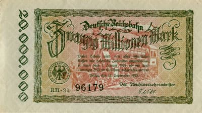Notgeld Deutsche Reichsbahn - Berlin - 20&nbsp;000&nbsp;000&nbsp;mark - 18&nbsp;septembre&nbsp;1923 - s�rie&nbsp;RH-21 - n�&nbsp;96179 - face