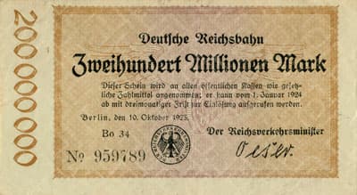 Notgeld Deutsche Reichsbahn - Berlin - 200&nbsp;000&nbsp;000&nbsp;mark - s�rie&nbsp;Bo-34 - n�&nbsp;959789 - 10&nbsp;octobre&nbsp;1923 - face