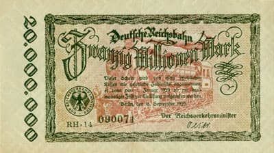 Notgeld Deutsche Reichsbahn - Berlin - 20&nbsp;000&nbsp;000&nbsp;mark - 18&nbsp;septembre&nbsp;1923 - s�rie&nbsp;RH-14 - n�&nbsp;090071 - face